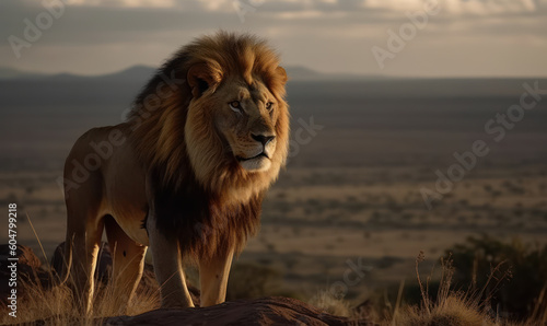 Lion King of the Savanna: Photo of lion, its majestic mane blowing in the wind as it stands atop a rocky outcrop, surveying the vast African savanna below. Generative AI