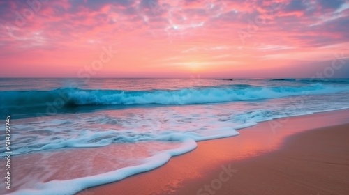 A beautiful sunset or sunrise in soft pastel colors on an exotic sandy beach. Summer holidays in paradise concept. Generative AI. Illustration