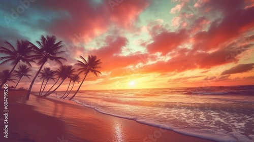 A beautiful sunset or sunrise in soft pastel colors with palm trees on an exotic sandy beach. Summer holidays in paradise concept. Generative AI. Illustration © Miss V
