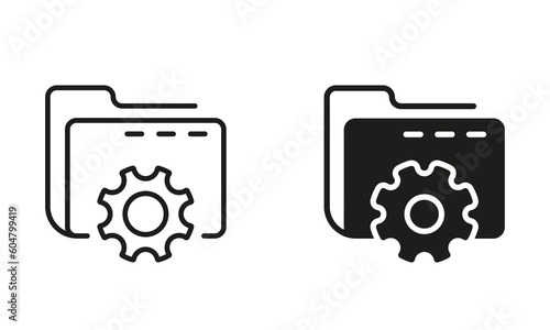 Computer Folder with Gear Line and Silhouette Icon Set. Setting of Data Folder Black Symbol Collection. Options and Configuration of File or Document. Vector Isolated Illustration
