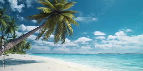 The powdery white sand invites relaxation, while the turquoise ocean glistens under the radiant sun. A palm tree gracefully sways in the gentle breeze.