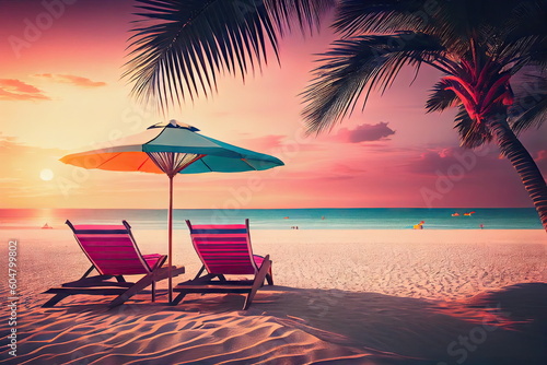 Two Sun Loungers, Beautiful Sunset on The Beach, Palm Trees, Abstract Generative AI Illustration