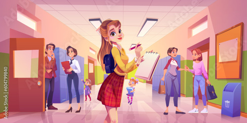 Girl in school hallway corridor vector cartoon interior background. Teacher near classroom door on break scene in university lobby. Children in campus aisle furniture with locker and trash bin