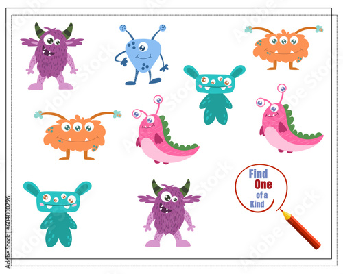 Find a couple, educational game for kids, cartoon monsters, aliens