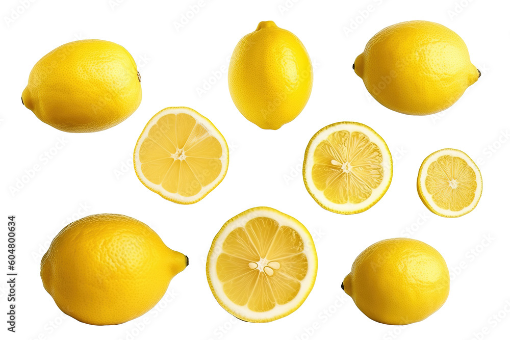 ripe lemon fruit, half and slice lemon isolated, Fresh and Juicy Lemon, transparent png, collection, cut out., generative artificial intelligence 