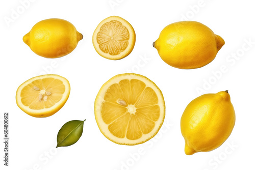 ripe lemon fruit, half and slice lemon isolated, Fresh and Juicy Lemon, transparent png, collection, cut out., generative artificial intelligence 