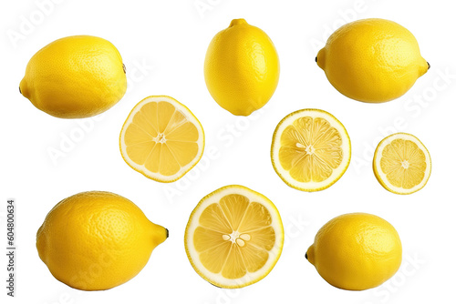 ripe lemon fruit  half and slice lemon isolated  Fresh and Juicy Lemon  transparent png  collection  cut out.  generative artificial intelligence 
