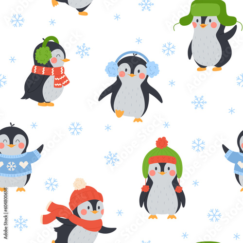 Lovely winter seamless pattern design with penguins flat vector illustration.