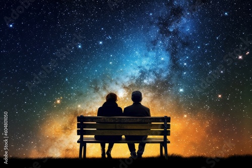 Grandparents sitting on bench sunset. Generate Ai