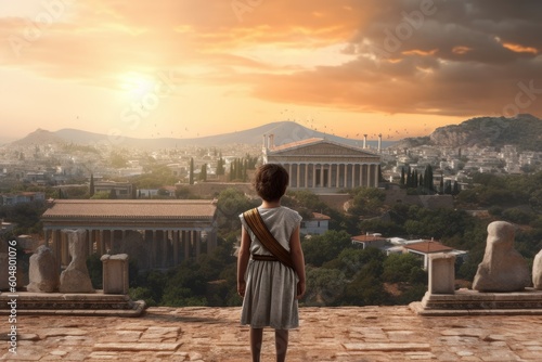 Child boy ancient greek city. Generate Ai photo