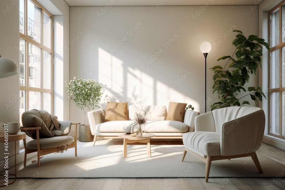 Fototapeta premium White and simple living room created with Generative AI technology