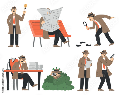 Detective set vector isolated. Illustration of male character investigating crime. Spy in coat with magnifier, professional exploration. Detective with a gun, sitting with newspaper, hiding in bush