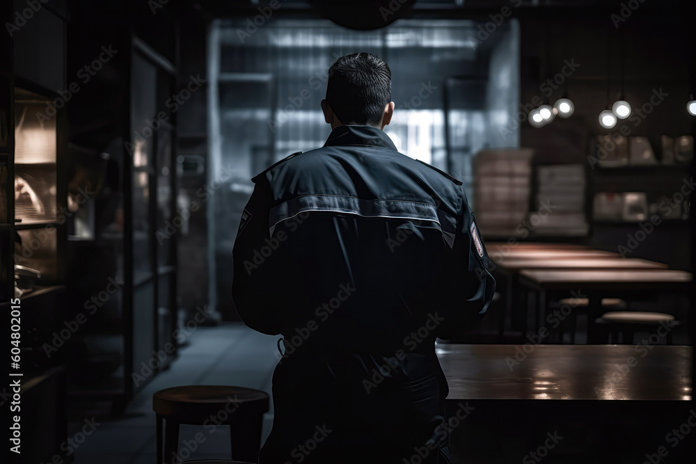Security Guard In Black Standing With His Back To Defocused Restaurant Kitchen. Generative AI