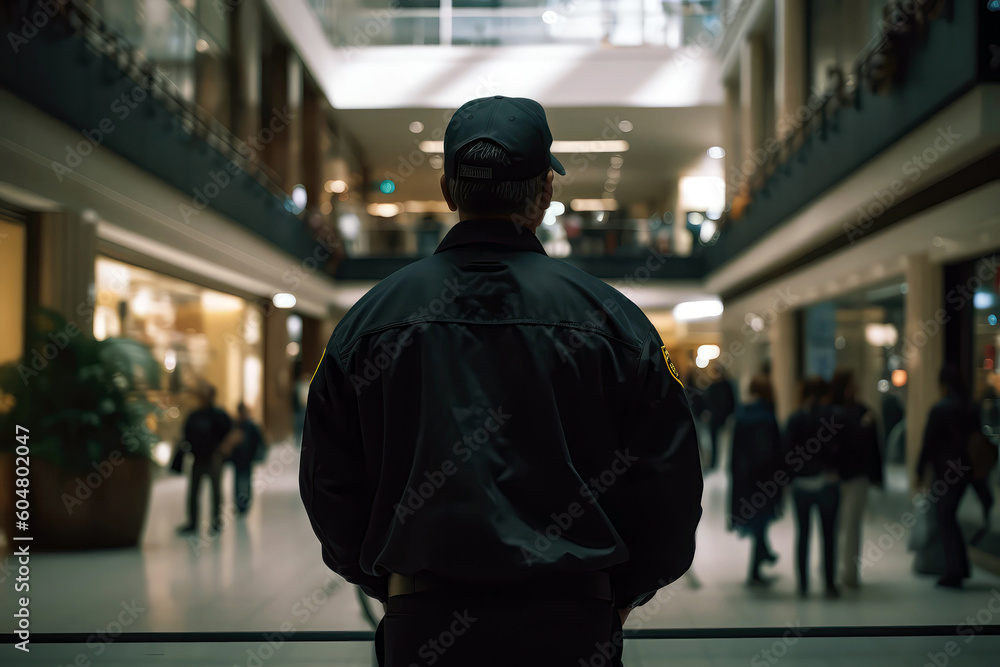 Security Guard In Black Stands With His Back To An Outoffocus Mall. Generative AI Security Guard In Black Stands With His Back To An Outoffocus Mall. Generative AI
