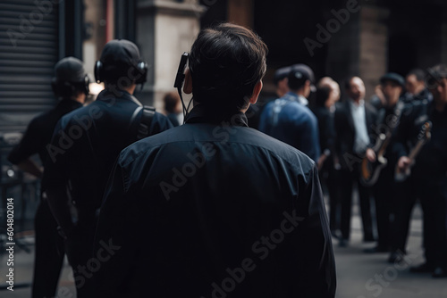 Security Guard In Black Standing With His Back To An Outoffocus Scene With Musicians. Generative AI photo