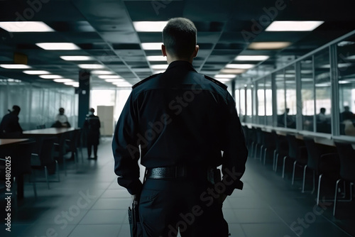 Security Guard In Black Standing With His Back To The Unfocused Office. Generative AI