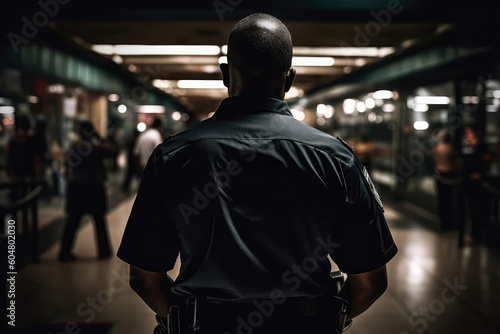 Security Guard In Black Stands With His Back To An Outoffocus Bar. Generative AI