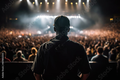 Security Guard In Black Stands With His Back To An Outoffocus Concert Venue. Generative AI