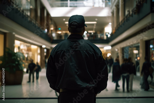Security Guard In Black Stands With His Back To An Outoffocus Mall. Generative AI