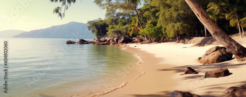 Panorama of idyllic tropical beach with palm trees, white sand and turquoise blue water, generative aix