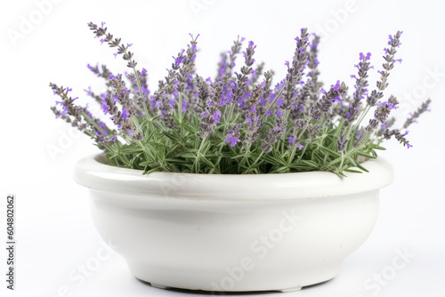 Lavender Growing In White Pot On White Background. Generative AI