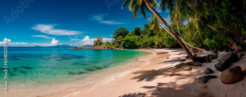 tropical paradise beach with white sand and coco palms travel tourism wide panorama background concept  generative aix