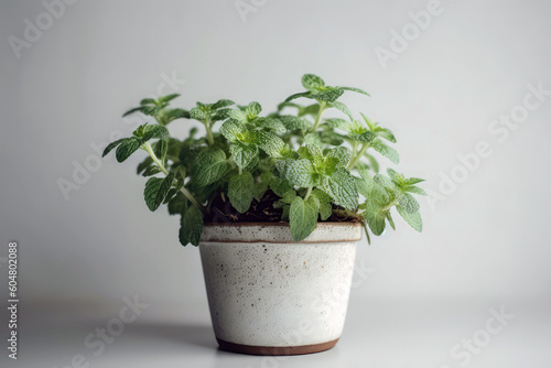 Mint Growing In White Pot On White Background. Generative AI