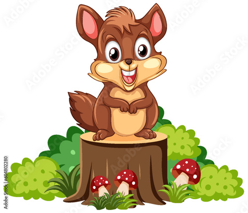 Cute squirrel cartoon character standing on tree stump