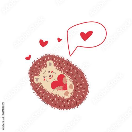 Smiling hedgehog lying on back and hugging red heart flat style