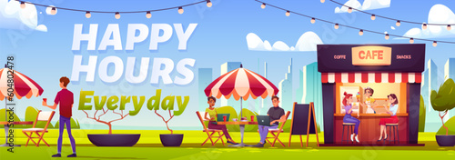 Happy hour in park street cafe vector illustration. Outdoor restaurant or cafeteria booth exterior in summer with people. City building landscape background. Sale offer promotion for snack and coffee