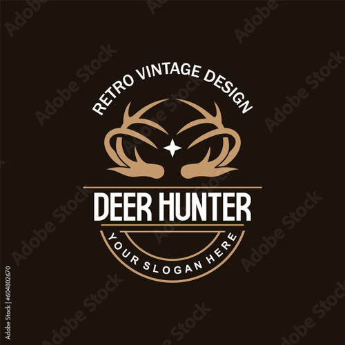 Deer Logo, Deer Hunter Vector, Forest Animal Design, Deer Antlers Retro Vintage Symbol Design Icon