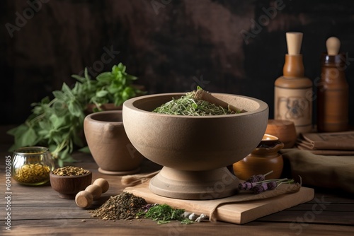 Herbs wooden table food. Generate Ai