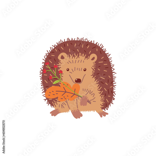 Autumn hedgehog cartoon character with leaves flat vector illustration isolated.