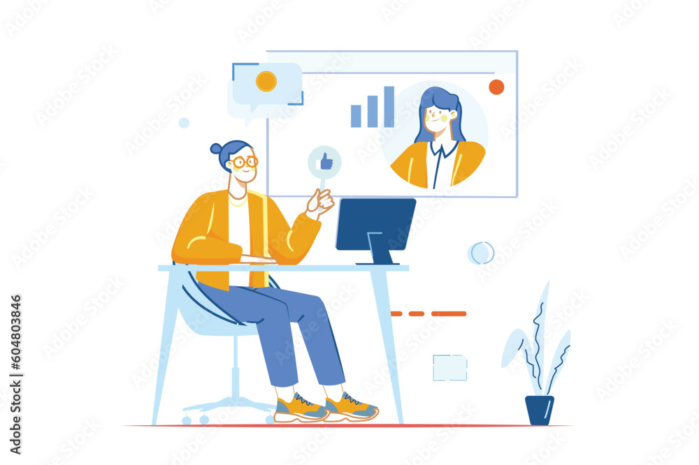 Concept webinar with people scene in the flat cartoon design. Business woman holds a webinar about all the intricacies of business. Vector illustration.