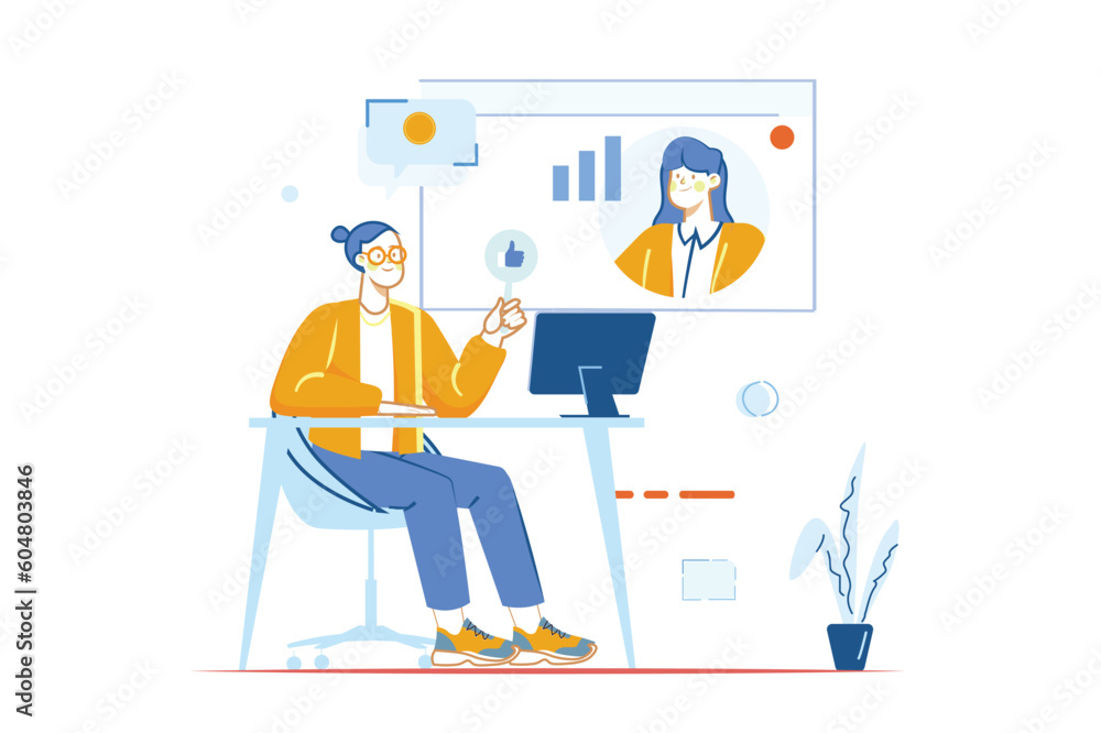 Concept webinar with people scene in the flat cartoon design. Business woman holds a webinar about all the intricacies of business. Vector illustration. Concept webinar with people scene in the flat cartoon design. Business woman holds a webinar about all the intricacies of business. Vector illustration.