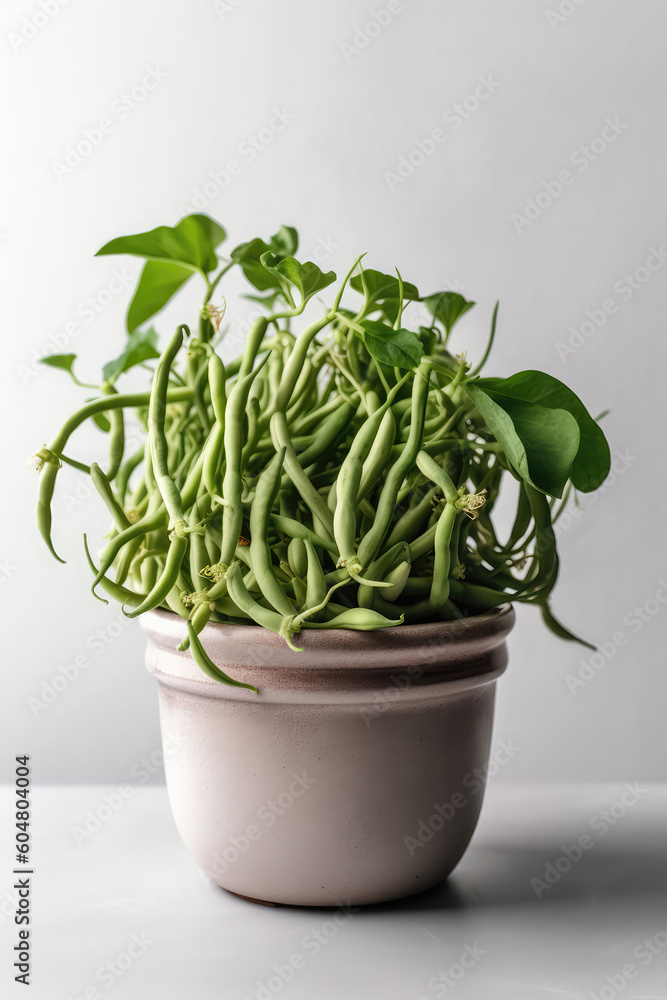 String Beans Growing In White Pot On White Background. Generative AI String Beans Growing In White Pot On White Background. Generative AI
