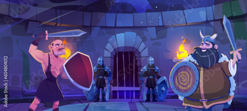 Man and viking battle in medieval castle dungeon near prison cell and guard cartoon background. Fighting with steel sword weapon and shield under moonlight at night. Window in fortress with gate