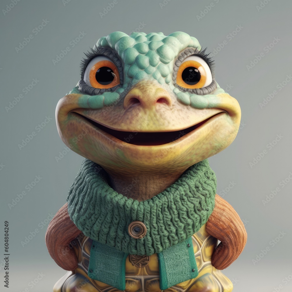 3D cartoon turtle portrait wearing clothes, standing in front, generative ai