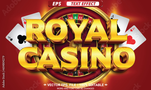 Royal casino advertisement vector text effect with a golden border roulette wheel