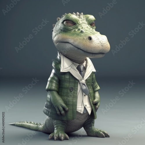 3D cartoon Crocodile portrait wearing clothes  standing in front  generative ai