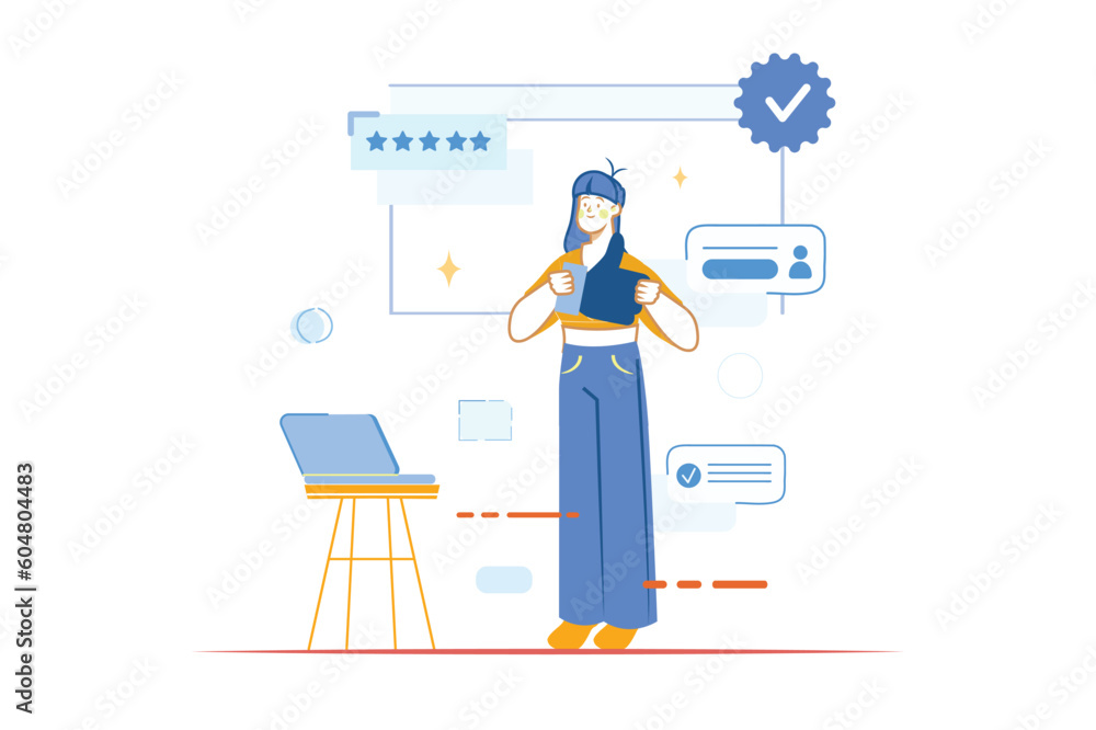 Best feedback concept with people scene in the flat cartoon design. The girl is happy because she received excellent reviews for her work. Vector illustration.