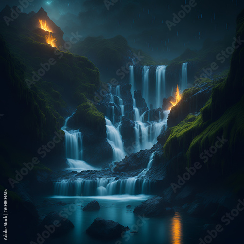 Billede på lærred waterfall in the mountains, 3 layer swamp waterfalls with fireflys descending an