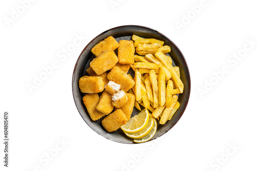 Fish and Chips, Fish Sticks with french fries in a steel tray with sauce. Isolated, transparent background.