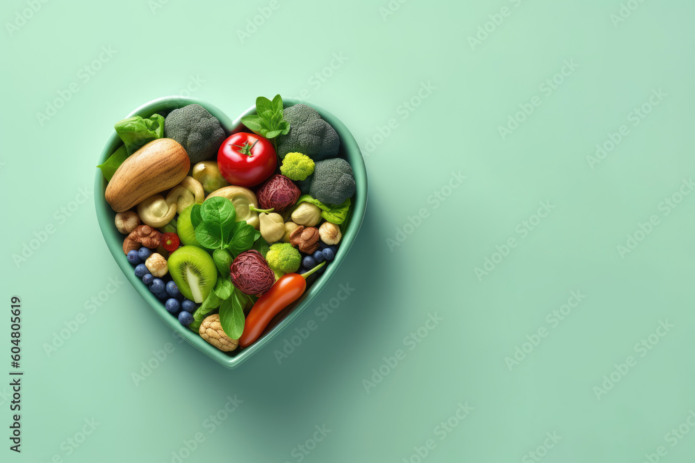 Diet food for health with heart bowl. Baner, place for text. Diet food for health with heart bowl. Baner, place for text.