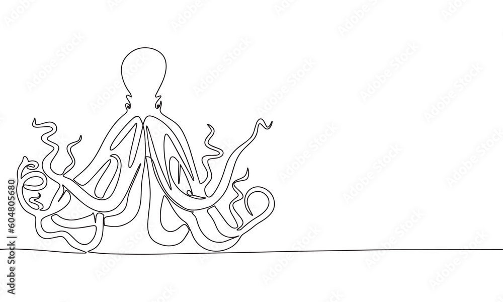 Octopus sea animal. One line continuous octopus ocean animal. Line art, outline, single line silhouette. Hand drawn vector illustration. 