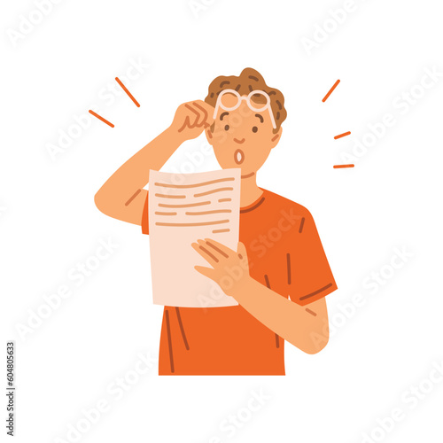 Surprised or shocked man reading a text printed on paper, flat vector isolated.