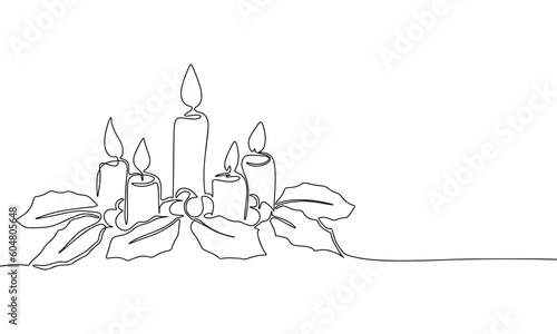 Christmas candles. One line continuous candles and leave on Christmas. Line art, outline, single line silhouette. Hand drawn vector illustration. 