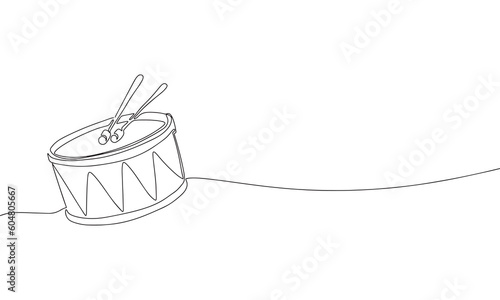 Drum music instrument. One line continuous drum toy. Line art, outline, single line silhouette. Hand drawn vector illustration. 
