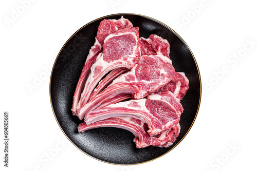 Raw lamb chops, fresh mutton meat cutlets on a ribs.  Isolated, transparent background. photo