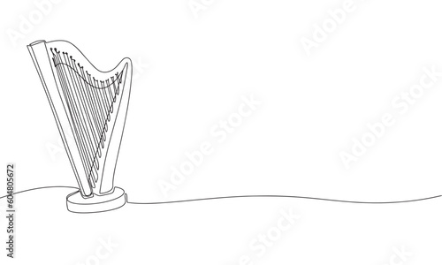 Musical instrument harp. One line continuous music instrument. Line art, outline, single line silhouette. Hand drawn vector illustration. 